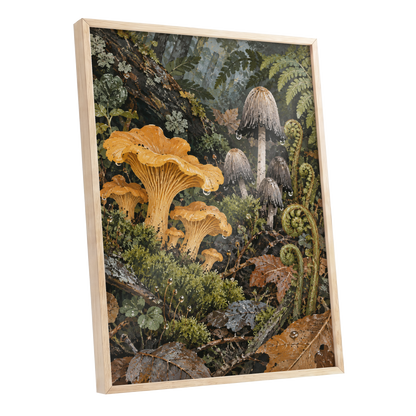 Woodland in Amber, green, orange, brown nature wall art shown as a oak framed poster wall art print