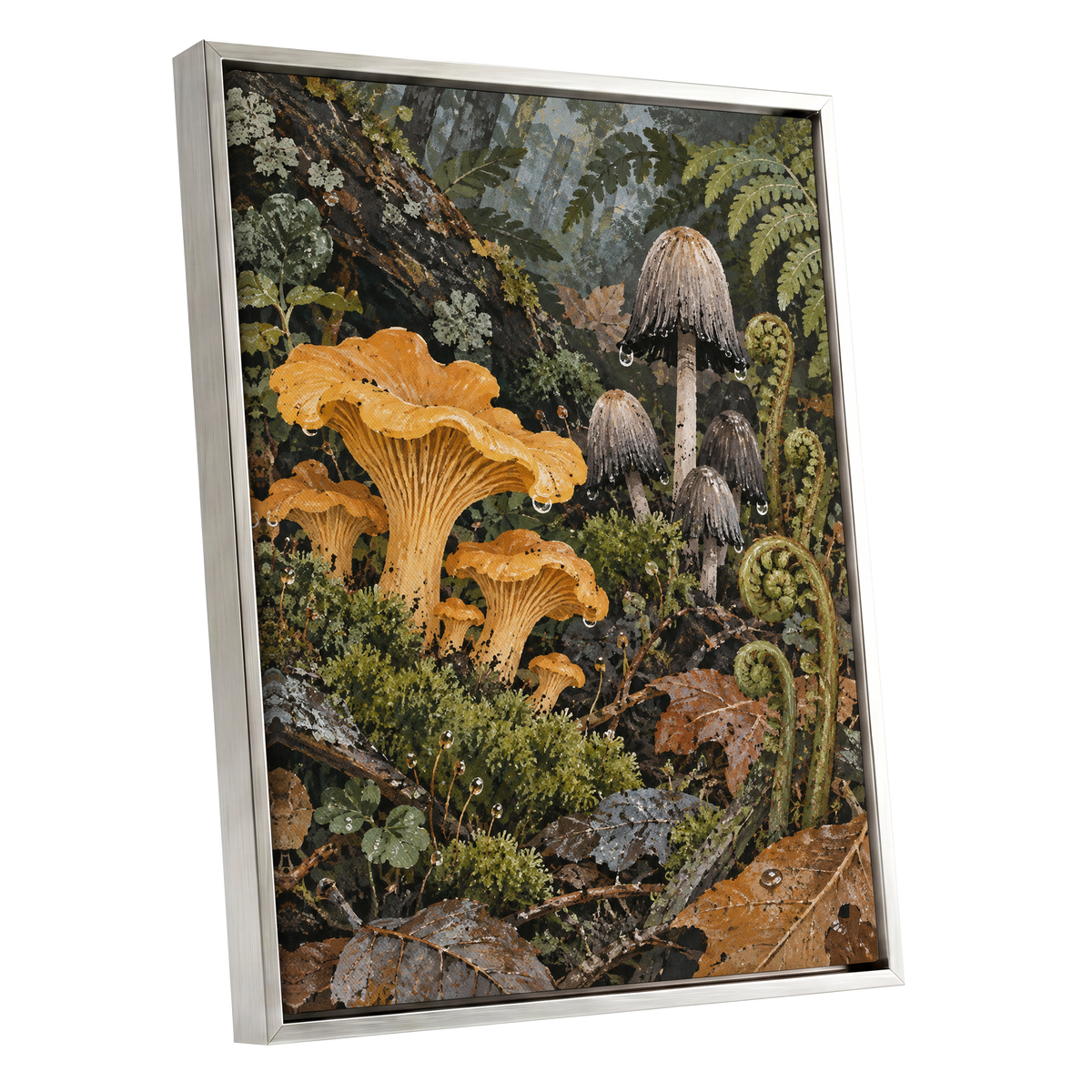 Woodland in Amber, green, orange, brown nature wall art shown as a silver framed canvas wall art