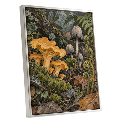 Woodland in Amber, green, orange, brown nature wall art shown as a silver framed canvas wall art
