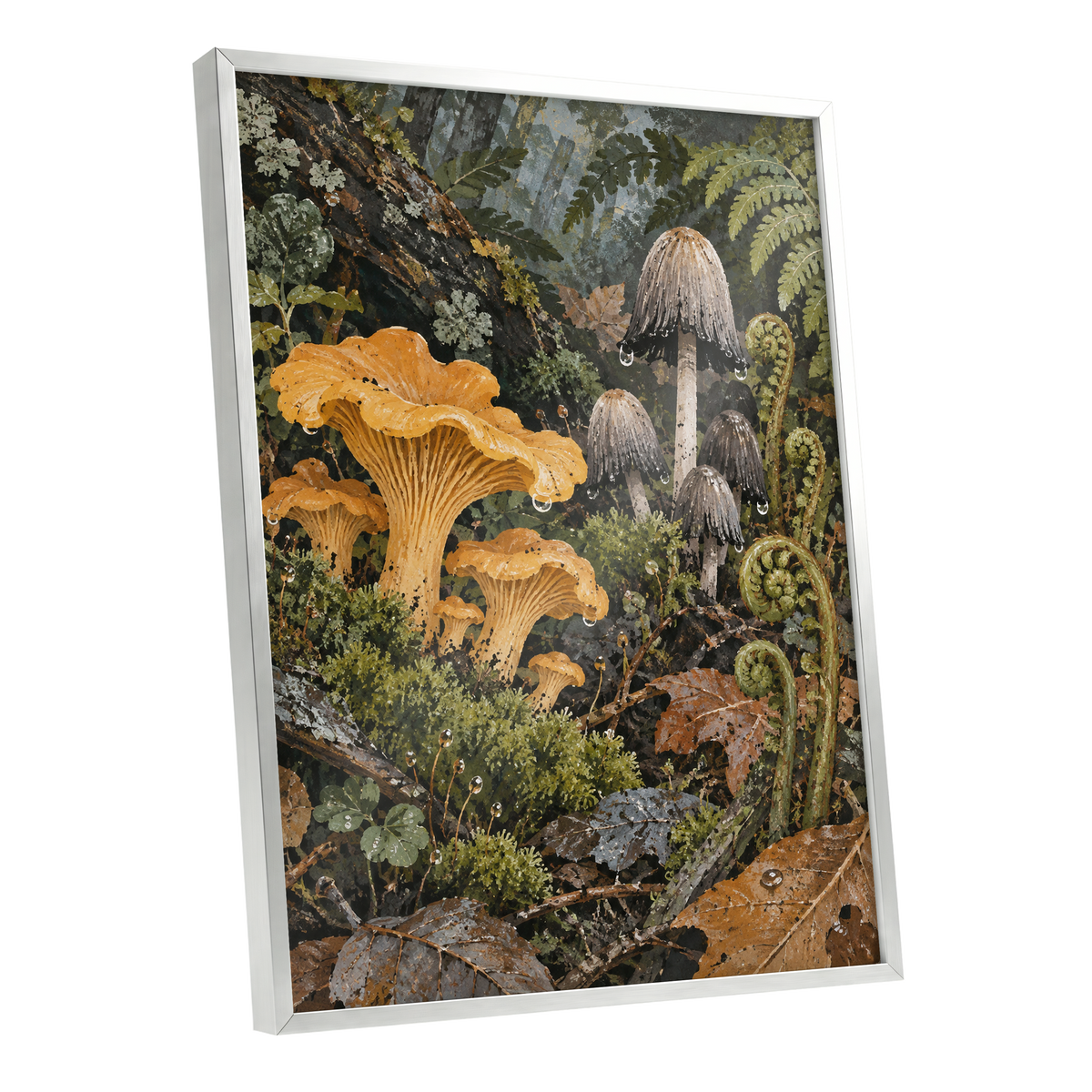 Woodland in Amber, green, orange, brown nature wall art shown as a silver framed poster wall art print