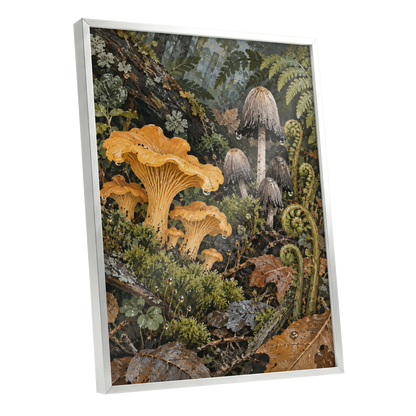 Woodland in Amber, green, orange, brown nature wall art shown as a silver framed poster wall art print