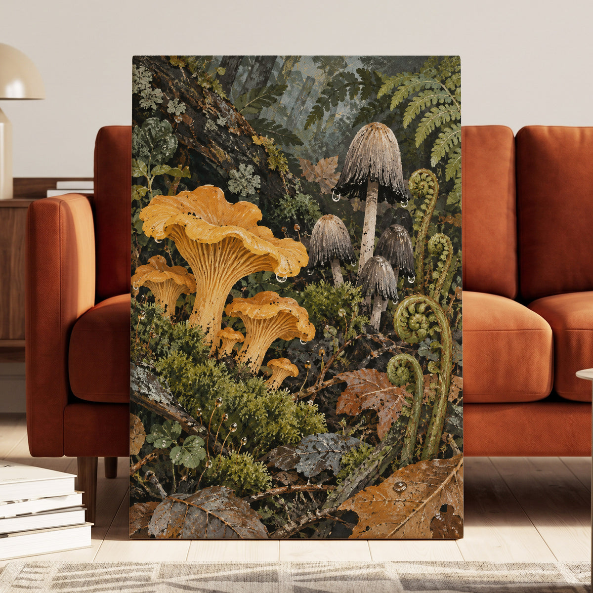 Woodland in Amber, green, orange, brown nature wall art displayed in a styled interior, gallery view 3