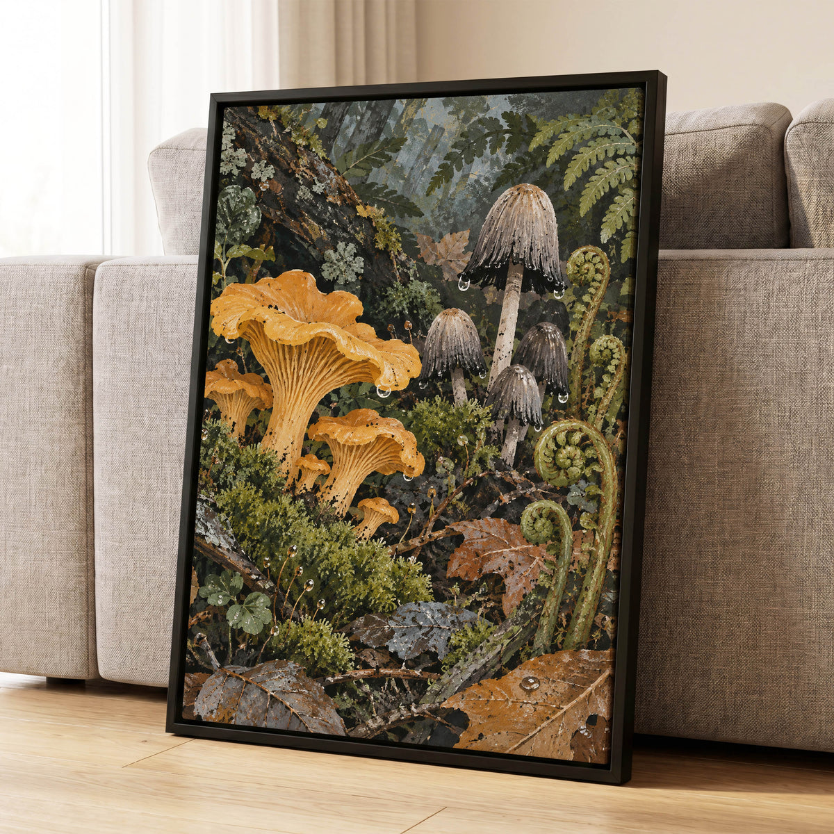 Woodland in Amber, green, orange, brown nature wall art displayed in a styled interior, gallery view 4