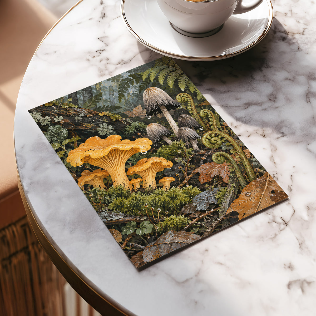 Woodland in Amber, green, orange, brown nature wall art displayed in a styled interior, gallery view 5