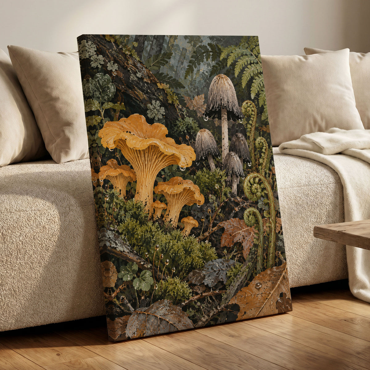 Woodland in Amber, green, orange, brown nature wall art displayed in a styled interior, gallery view 7