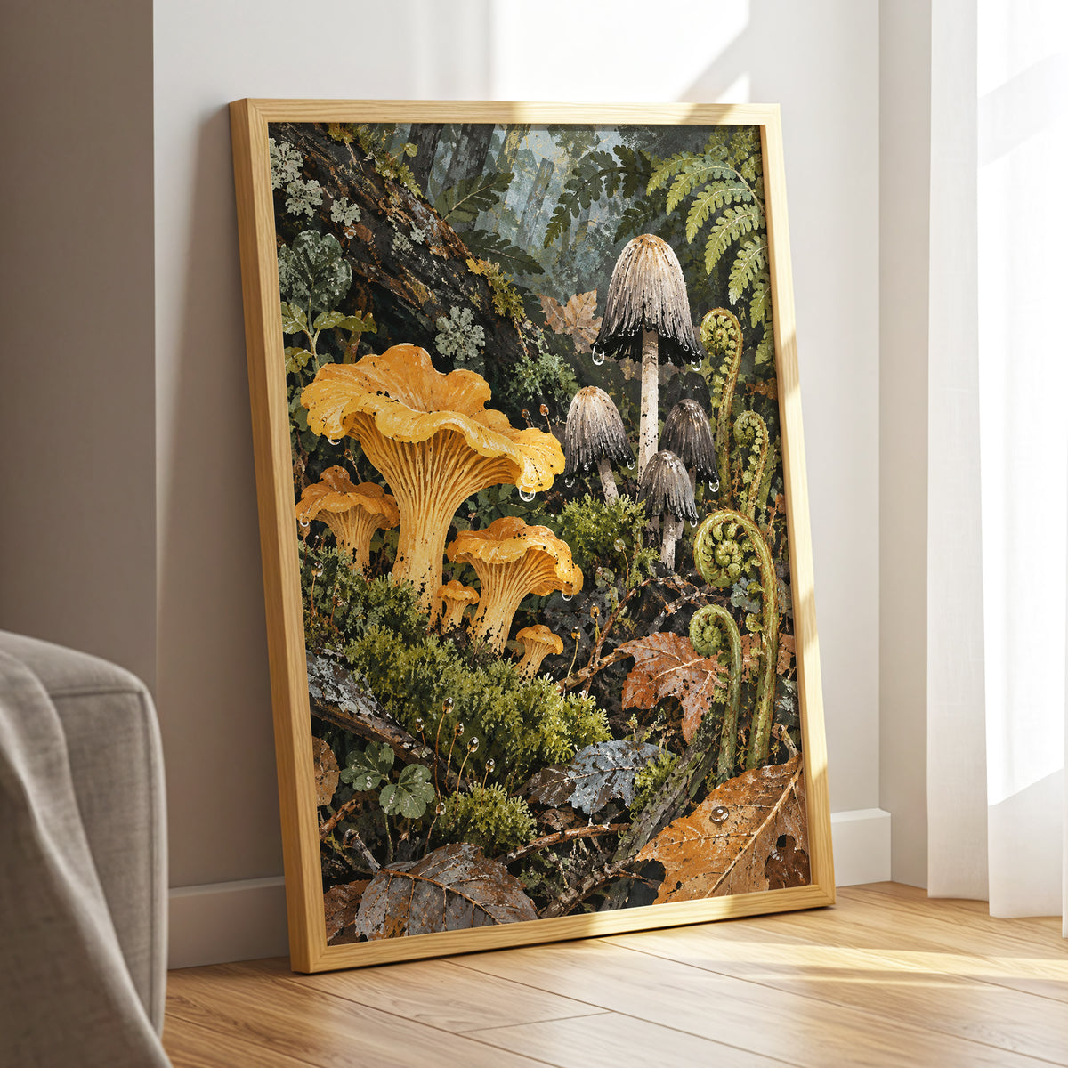 Woodland in Amber, green, orange, brown nature wall art displayed in a styled interior, gallery view 9