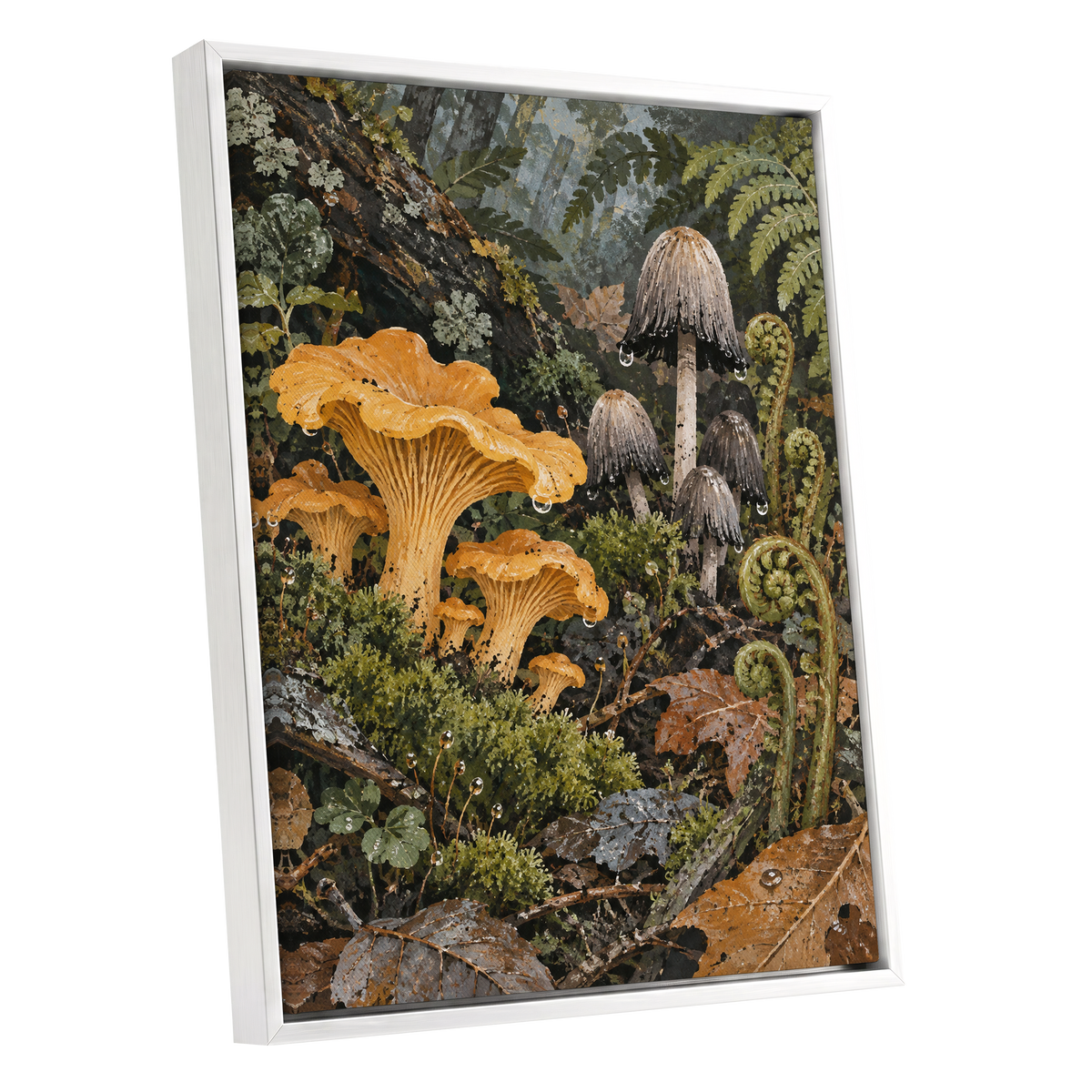 Woodland in Amber, green, orange, brown nature wall art shown as a white framed canvas wall art