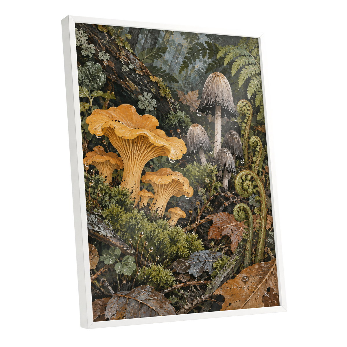 Woodland in Amber, green, orange, brown nature wall art shown as a white framed poster wall art print