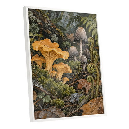 Woodland in Amber, green, orange, brown nature wall art shown as a white framed poster wall art print