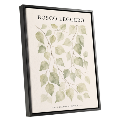 Woodland Leaf Study, green, beige, black nature wall art shown as a black framed canvas wall art