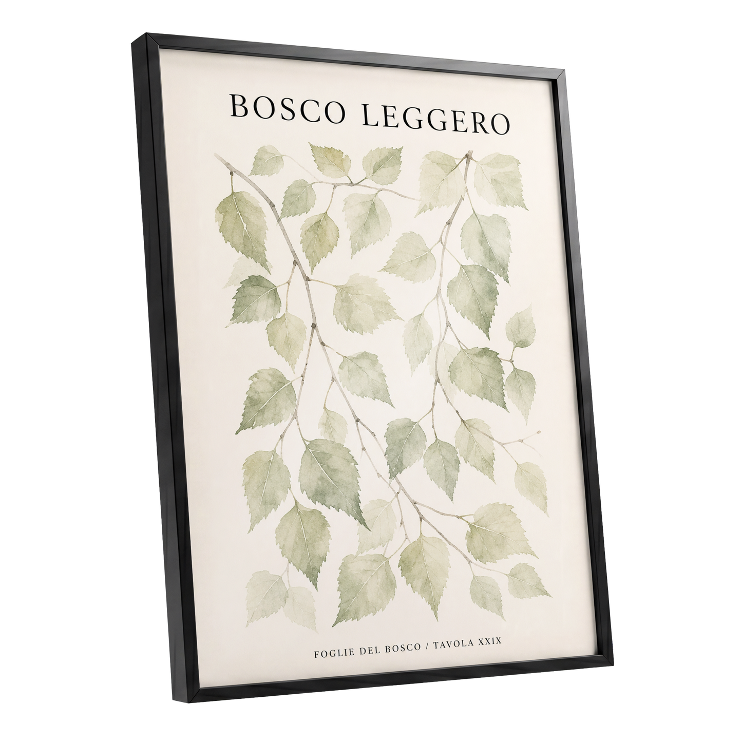 Woodland Leaf Study, green, beige, black nature wall art shown as a black framed poster wall art print
