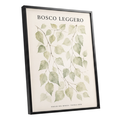 Woodland Leaf Study, green, beige, black nature wall art shown as a black framed poster wall art print