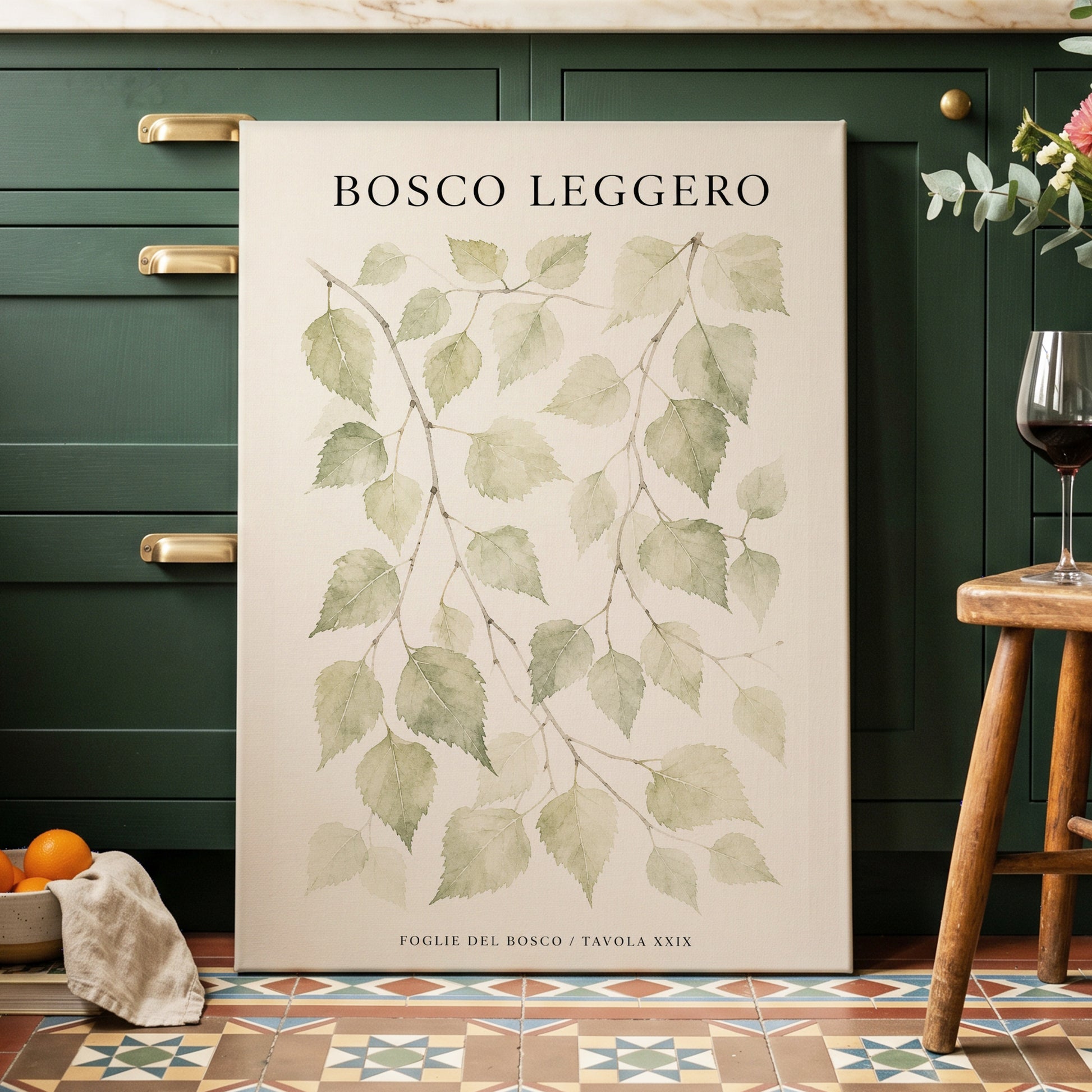 Woodland Leaf Study, green, beige, black nature wall art on canvas displayed in a styled interior, gallery view 1