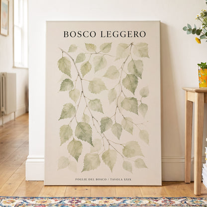 Woodland Leaf Study, green, beige, black nature wall art on canvas displayed in a styled interior, gallery view 2