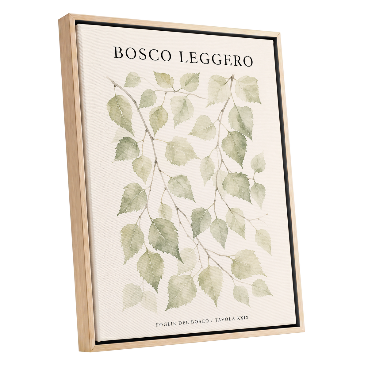Woodland Leaf Study, green, beige, black nature wall art shown as a oak framed canvas wall art