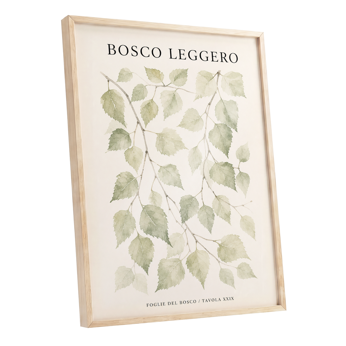 Woodland Leaf Study, green, beige, black nature wall art shown as a oak framed poster wall art print