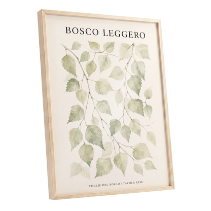 Woodland Leaf Study, green, beige, black nature wall art shown as a oak framed poster wall art print