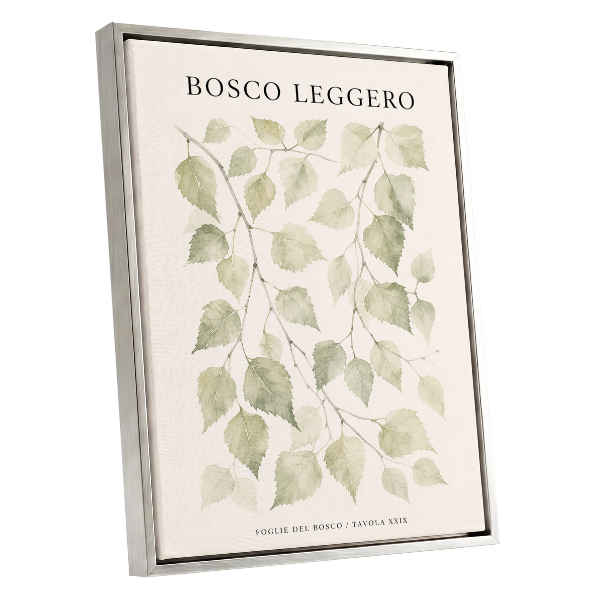 Woodland Leaf Study, green, beige, black nature wall art shown as a silver framed canvas wall art