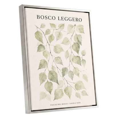 Woodland Leaf Study, green, beige, black nature wall art shown as a silver framed canvas wall art