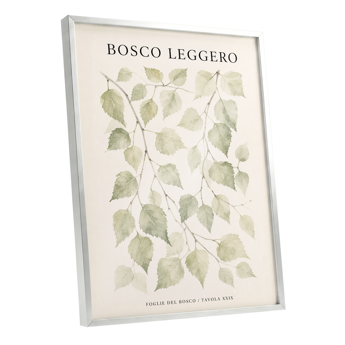 Woodland Leaf Study, green, beige, black nature wall art shown as a silver framed poster wall art print