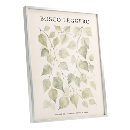 Woodland Leaf Study, green, beige, black nature wall art shown as a silver framed poster wall art print