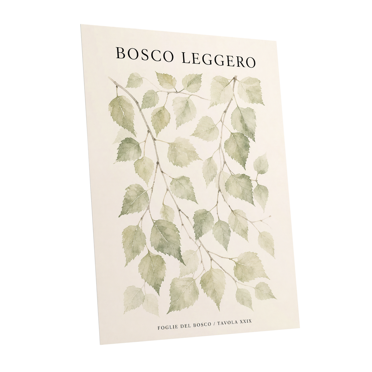 Woodland Leaf Study, green, beige, black nature wall art shown as a unframed poster wall art print