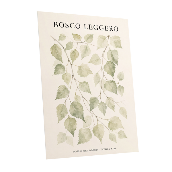 Woodland Leaf Study, green, beige, black nature wall art shown as a unframed poster wall art print