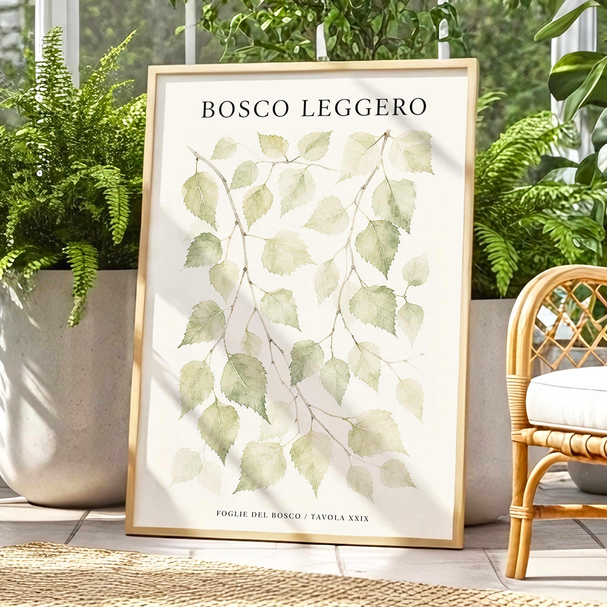 Woodland Leaf Study, green, beige, black nature wall art displayed in a styled interior, gallery view 1