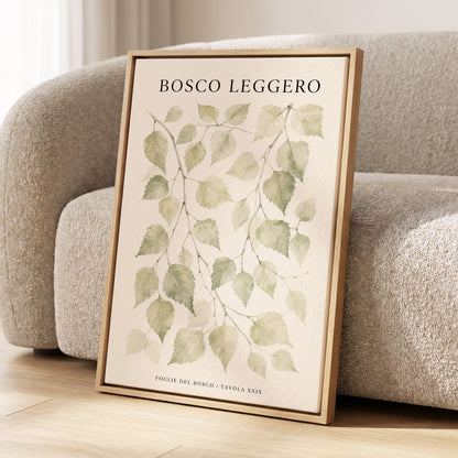 Woodland Leaf Study, green, beige, black nature wall art displayed in a styled interior, gallery view 2