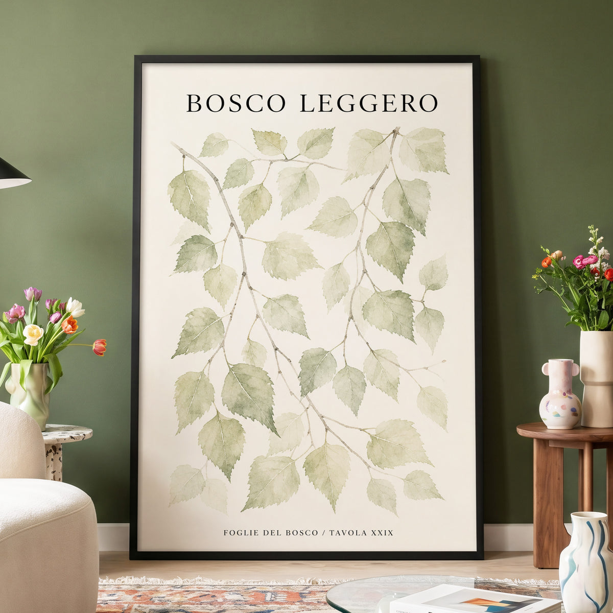 Woodland Leaf Study, green, beige, black nature wall art displayed in a styled interior, gallery view 4