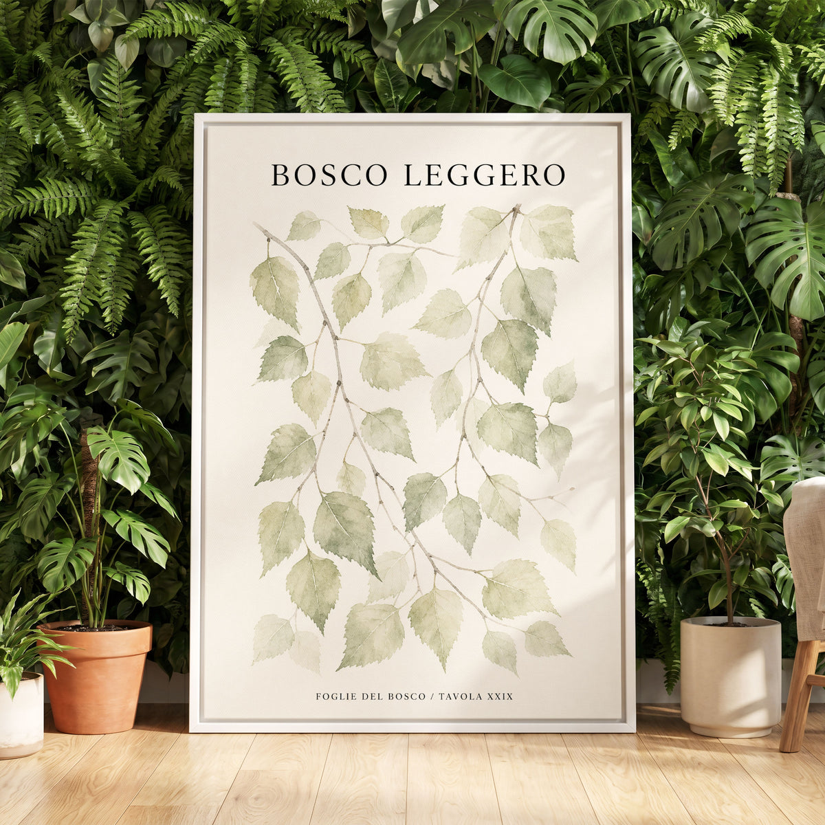 Woodland Leaf Study, green, beige, black nature wall art displayed in a styled interior, gallery view 5