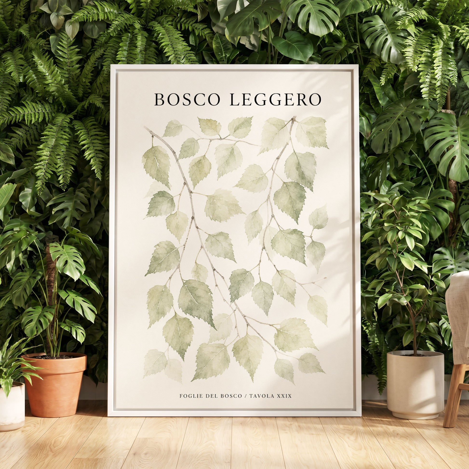 Woodland Leaf Study, green, beige, black nature wall art displayed in a styled interior, gallery view 5
