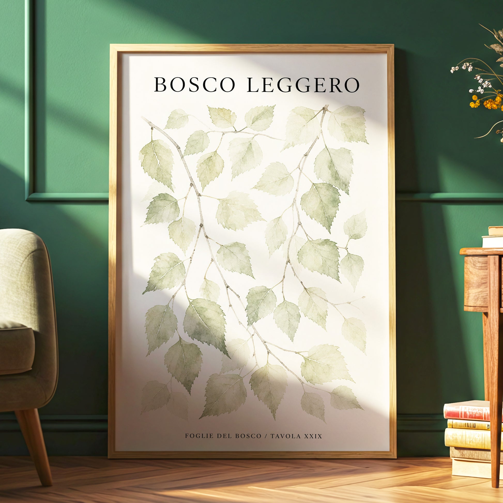Woodland Leaf Study, green, beige, black nature wall art displayed in a styled interior, gallery view 6