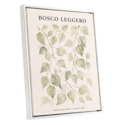 Woodland Leaf Study, green, beige, black nature wall art shown as a white framed canvas wall art
