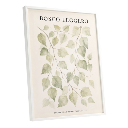 Woodland Leaf Study, green, beige, black nature wall art shown as a white framed poster wall art print