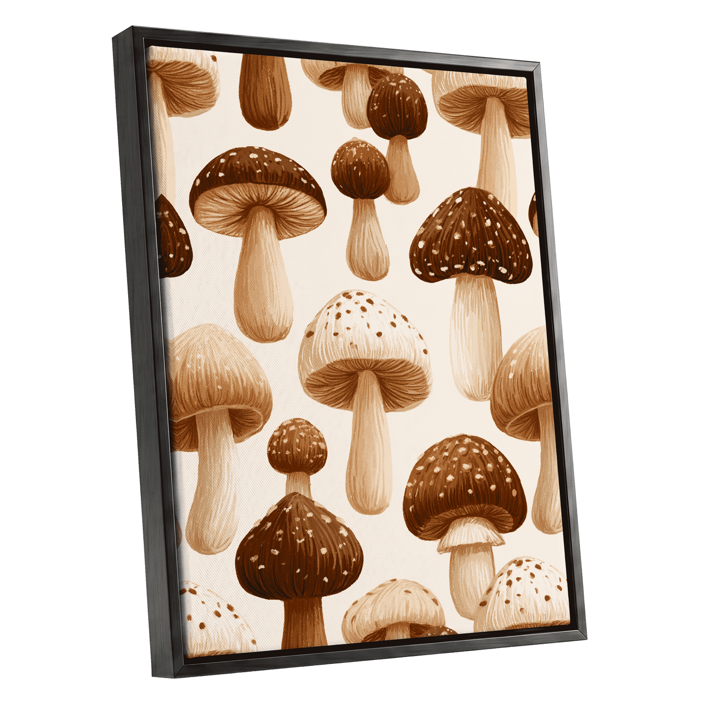 Woodland Mushroom Study, brown, beige, white nature wall art shown as a black framed canvas wall art
