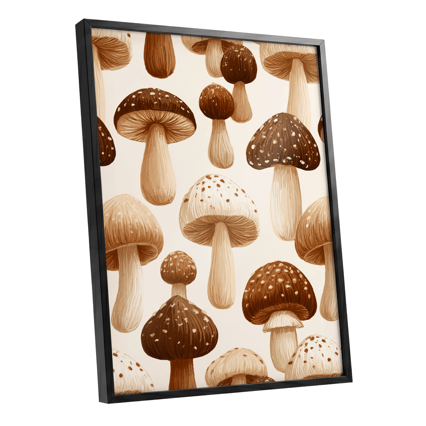 Woodland Mushroom Study, brown, beige, white nature wall art shown as a black framed poster wall art print