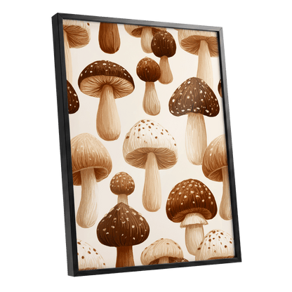 Woodland Mushroom Study, brown, beige, white nature wall art shown as a black framed poster wall art print
