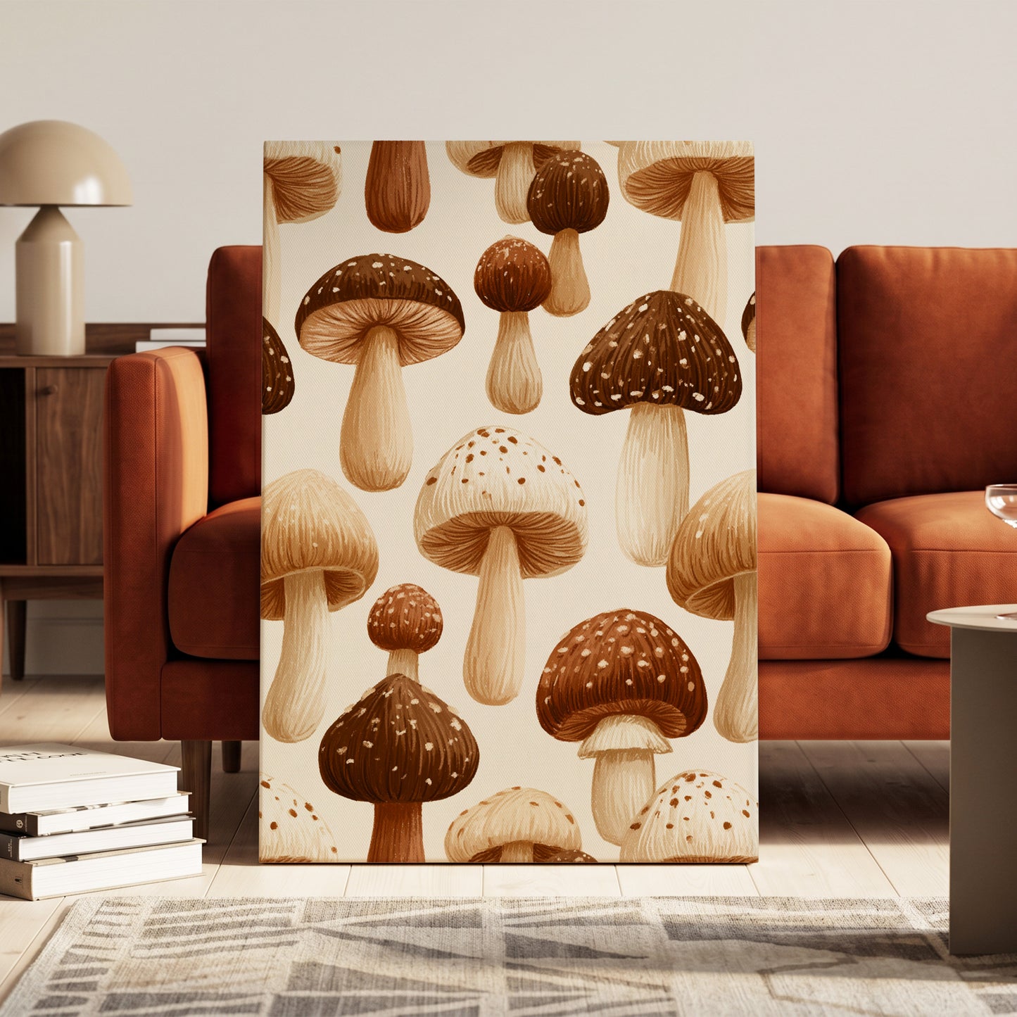 Woodland Mushroom Study, brown, beige, white nature wall art on canvas displayed in a styled interior, gallery view 1