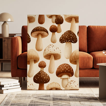 Woodland Mushroom Study, brown, beige, white nature wall art on canvas displayed in a styled interior, gallery view 1