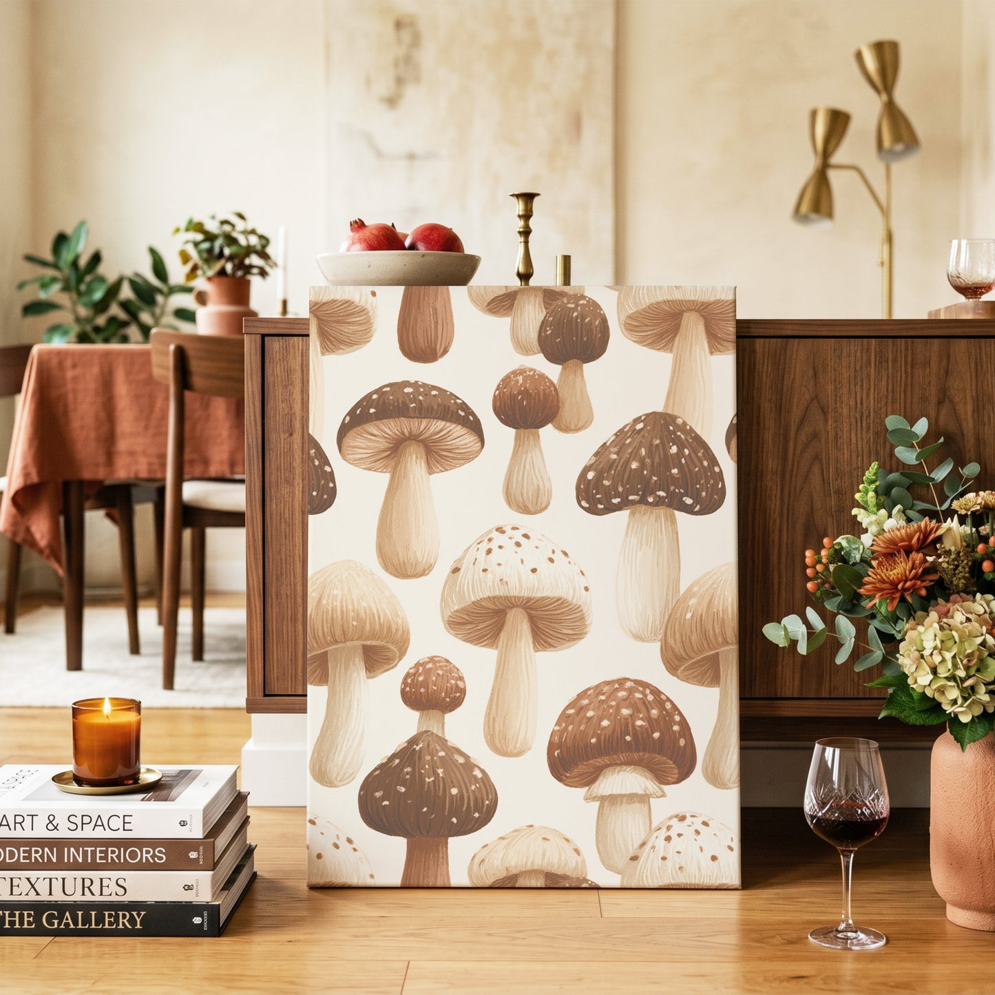 Woodland Mushroom Study, brown, beige, white nature wall art on canvas displayed in a styled interior, gallery view 2