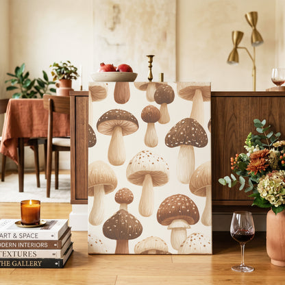 Woodland Mushroom Study, brown, beige, white nature wall art on canvas displayed in a styled interior, gallery view 2