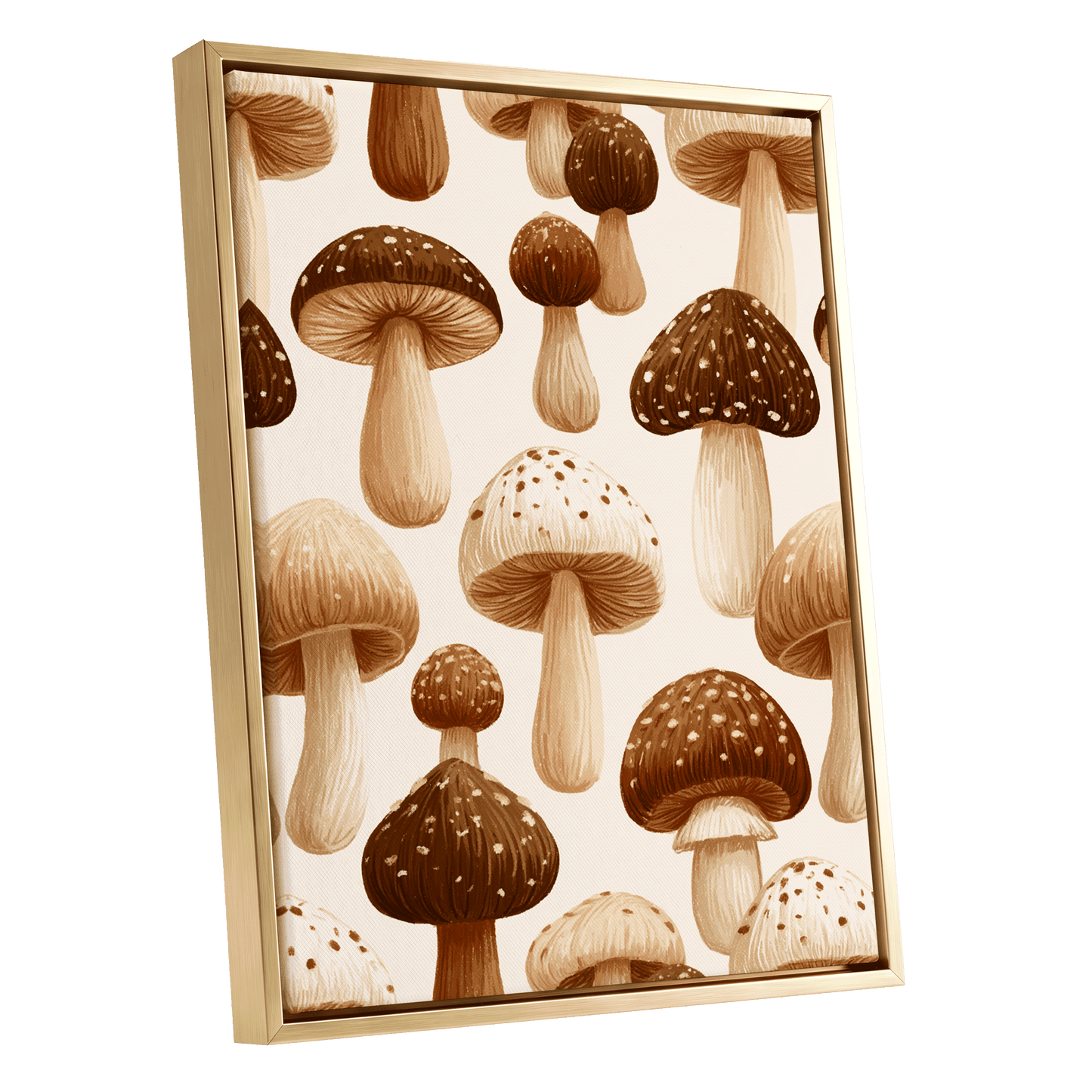 Woodland Mushroom Study, brown, beige, white nature wall art shown as a gold framed canvas wall art