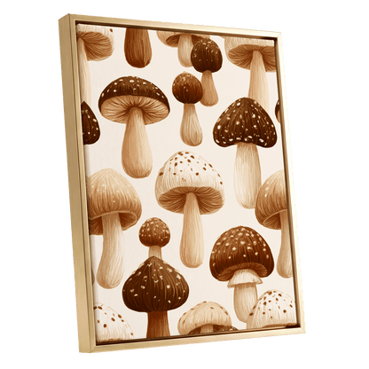 Woodland Mushroom Study, brown, beige, white nature wall art shown as a gold framed canvas wall art