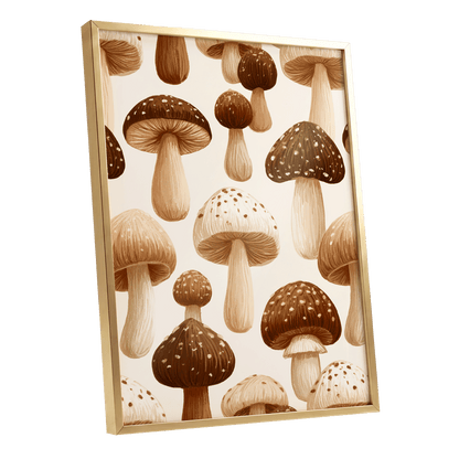 Woodland Mushroom Study, brown, beige, white nature wall art shown as a gold framed poster wall art print