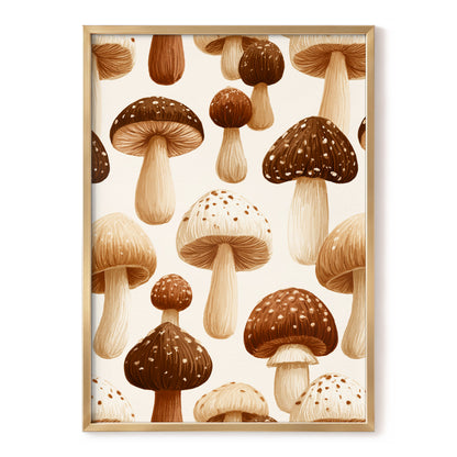 Woodland Mushroom Study, brown, beige, white nature wall art, front artwork view