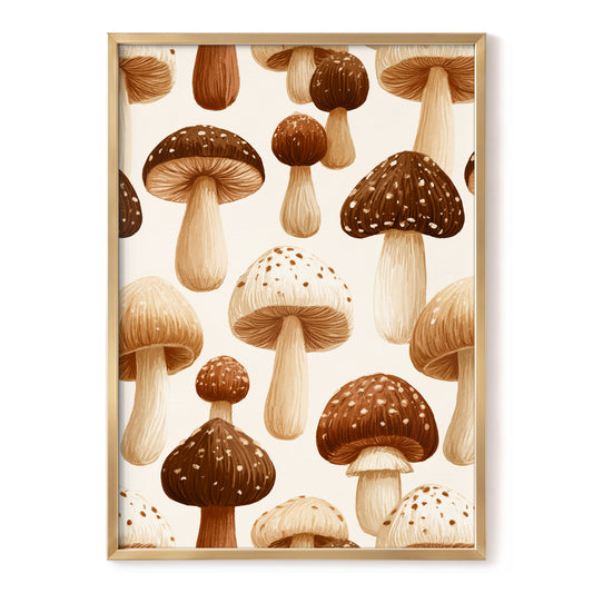 Woodland Mushroom Study, brown, beige, white nature wall art, front artwork view