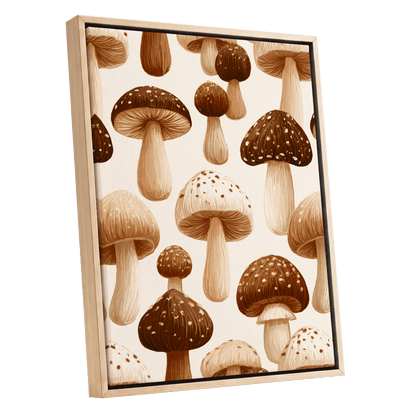 Woodland Mushroom Study, brown, beige, white nature wall art shown as a oak framed canvas wall art
