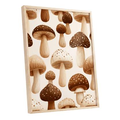 Woodland Mushroom Study, brown, beige, white nature wall art shown as a oak framed poster wall art print