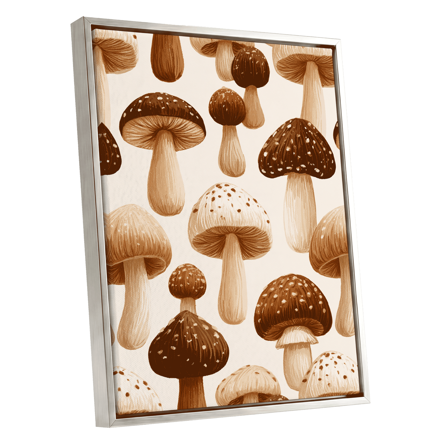 Woodland Mushroom Study, brown, beige, white nature wall art shown as a silver framed canvas wall art